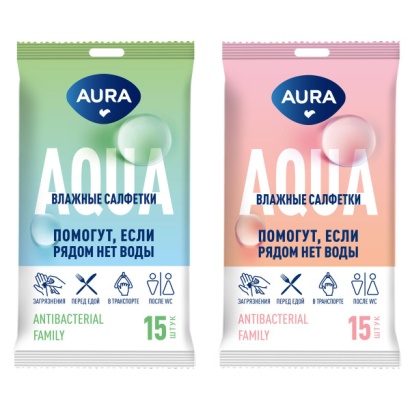 влажные салфетки aura family с антибактериальным эффектом 15 шт